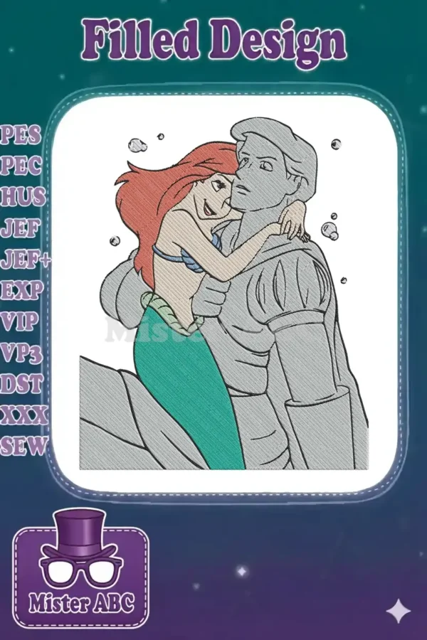 Ariel, the Little Mermaid, embracing Prince Eric's stone statue, rendered in detailed fill stitch embroidery.
