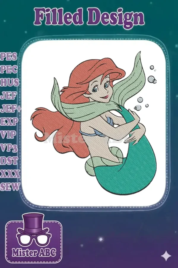 Vibrant embroidery of Ariel the Little Mermaid, showcasing her iconic red hair, green tail, and joyful expression.