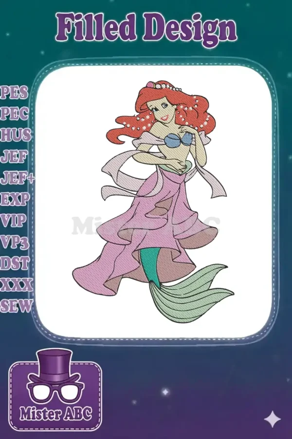 Vibrant embroidery design of Ariel from The Little Mermaid, in a pink gown with red hair and a green tail.
