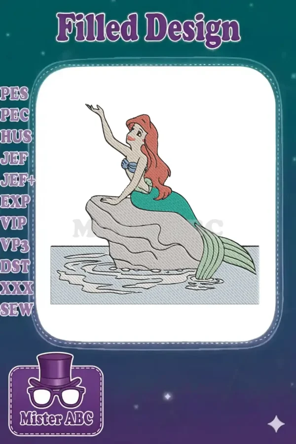 Embroidered image of Ariel, the Little Mermaid, sitting on a rock with her arm raised, amidst water ripples.