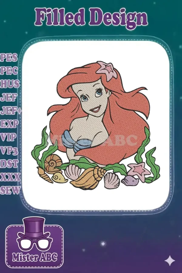 A vibrant embroidery design featuring Disney's Ariel, with flowing red hair, surrounded by intricate seashells.