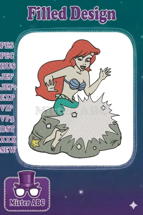 Vibrant embroidery of Disney's Ariel, the Little Mermaid, emerging from a splash, featuring rich red hair and a teal tail.