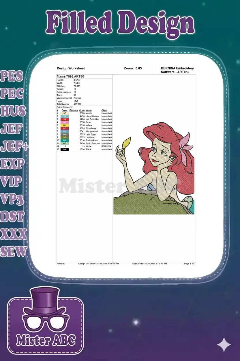 BERNINA embroidery design worksheet showing Ariel, thread color chart, and stitch details for project 7698.