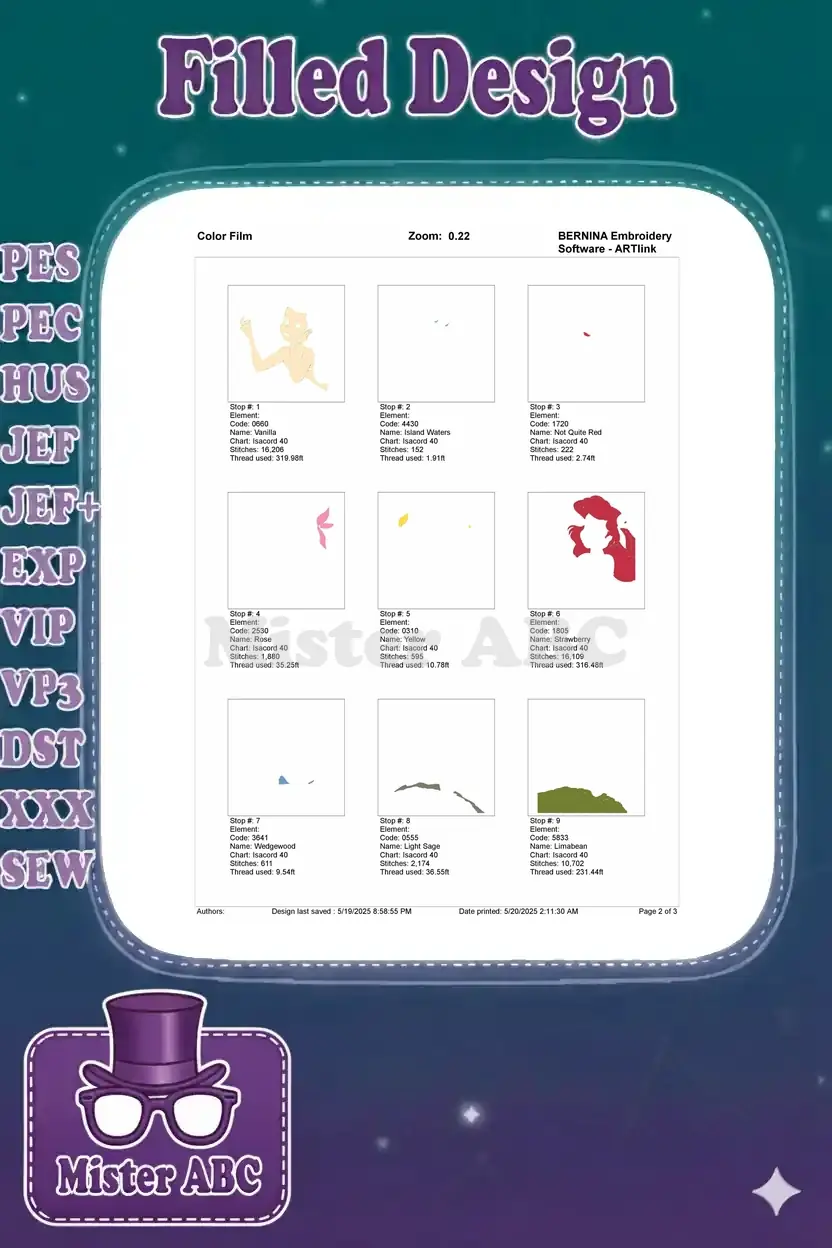 BERNINA embroidery color film, page 2 of 3, showing individual stitch blocks for Ariel's design, stop 1-9.