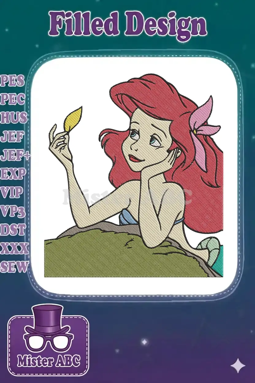 Detailed embroidery of Ariel, the Little Mermaid, with red hair, holding a yellow leaf, looking thoughtful.