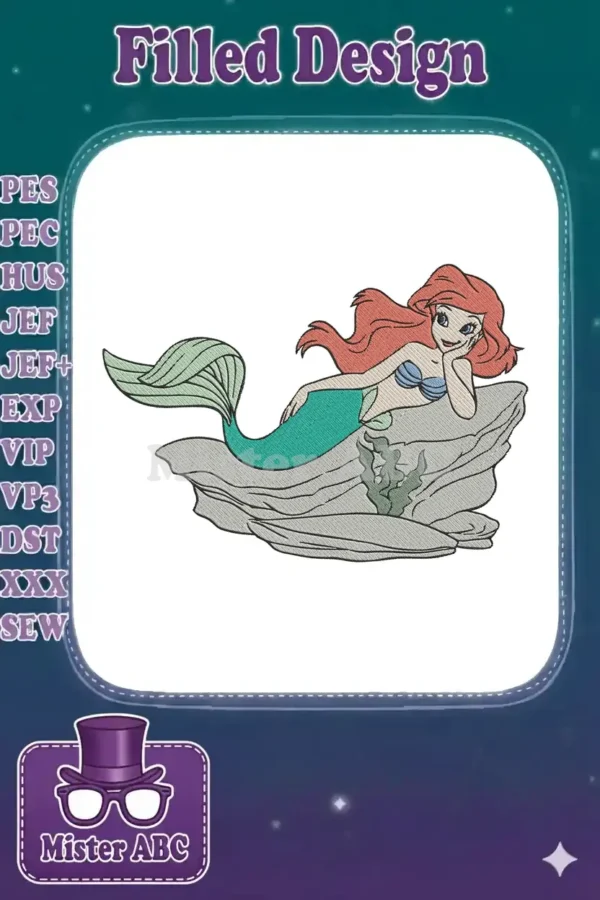 Ariel, the beloved mermaid, reclining gracefully on a rock with flowing red hair and a sparkling green tail.