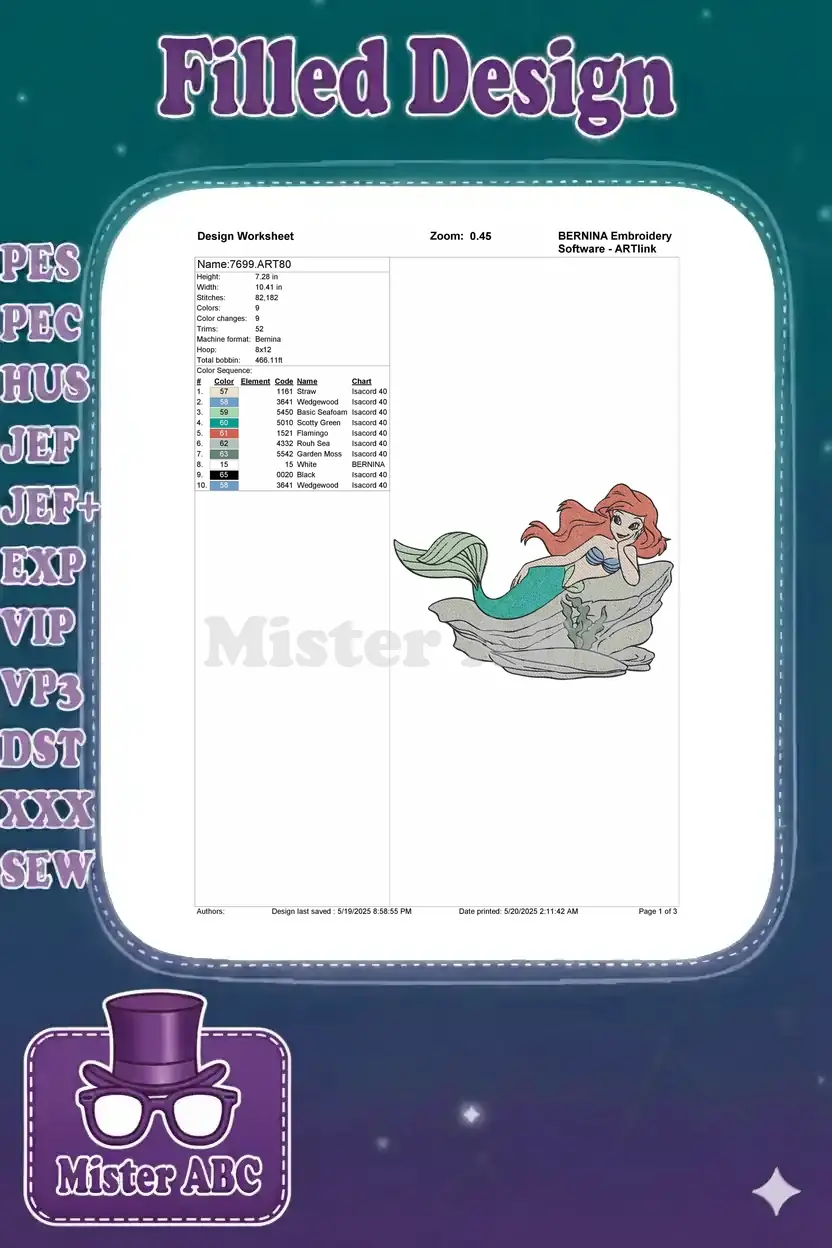 Detailed embroidery design worksheet for Ariel, showing dimensions, stitch count, and a comprehensive color chart.