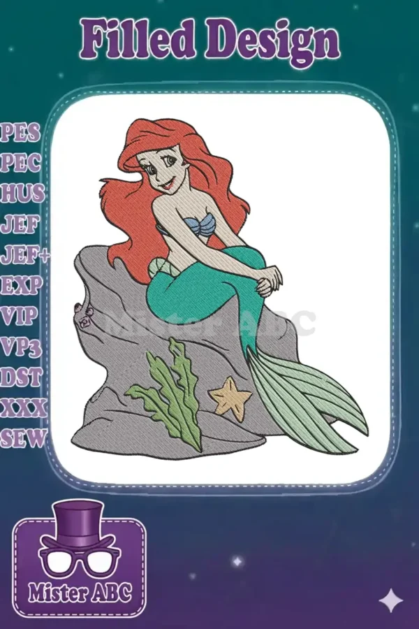 A vibrant embroidery of Ariel from The Little Mermaid, sitting gracefully on a rock with seaweed and a starfish.