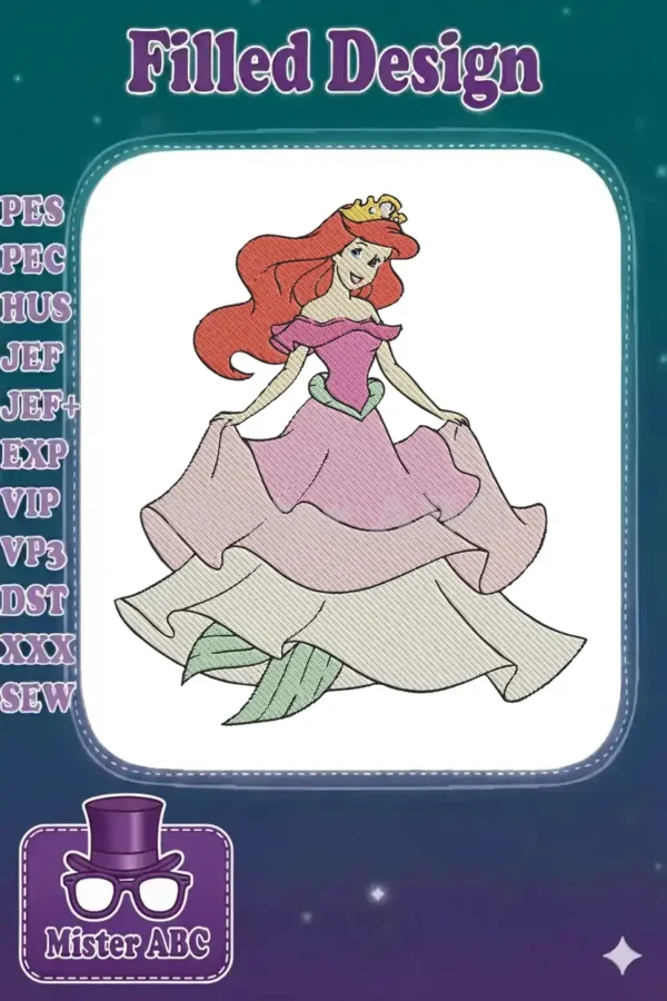 A vibrant embroidery of Princess Ariel from Disney's The Little Mermaid, adorned in an elegant pink ball gown.
