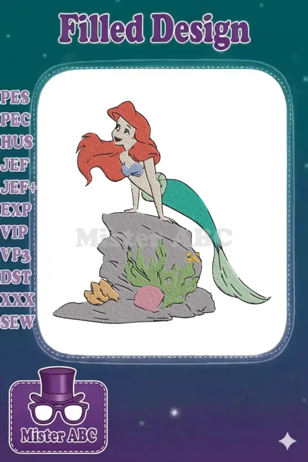 A vibrant embroidery design of Ariel, the Little Mermaid, with red hair and a green tail, perched on a rock.