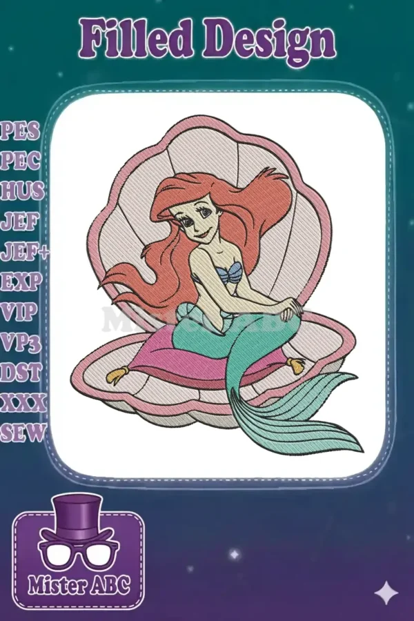 A vibrant embroidery design featuring Ariel, the Little Mermaid, elegantly seated on a plush pillow within a grand seashell.
