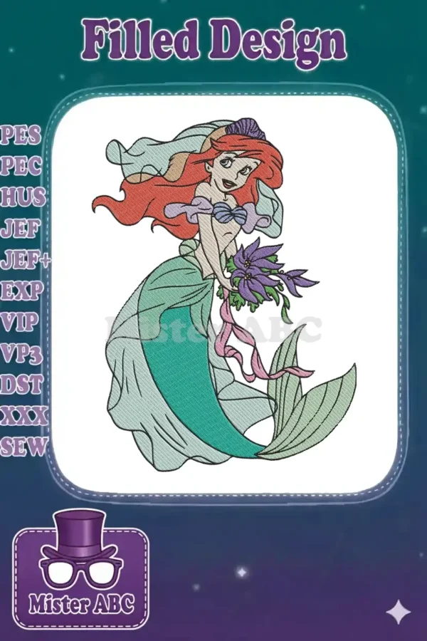 A vibrant embroidery design of Ariel the Mermaid as a bride, wearing a veil and holding a purple bouquet.