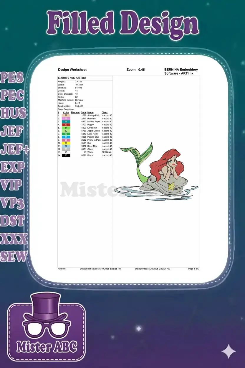 Detailed embroidery design worksheet for Ariel, showing dimensions, stitch count, and thread color sequence.