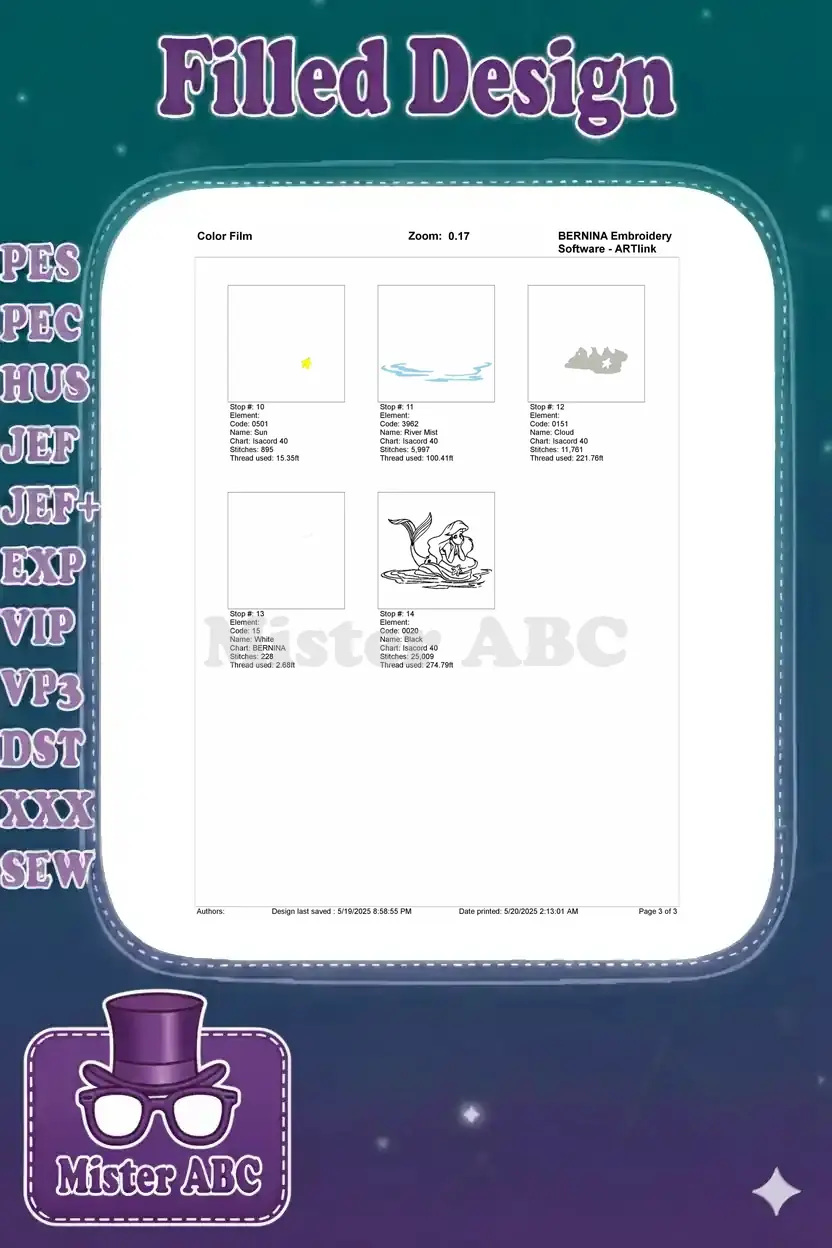 Page 3 of the color film for Ariel embroidery, showing the remaining stitching steps and the final design outline.