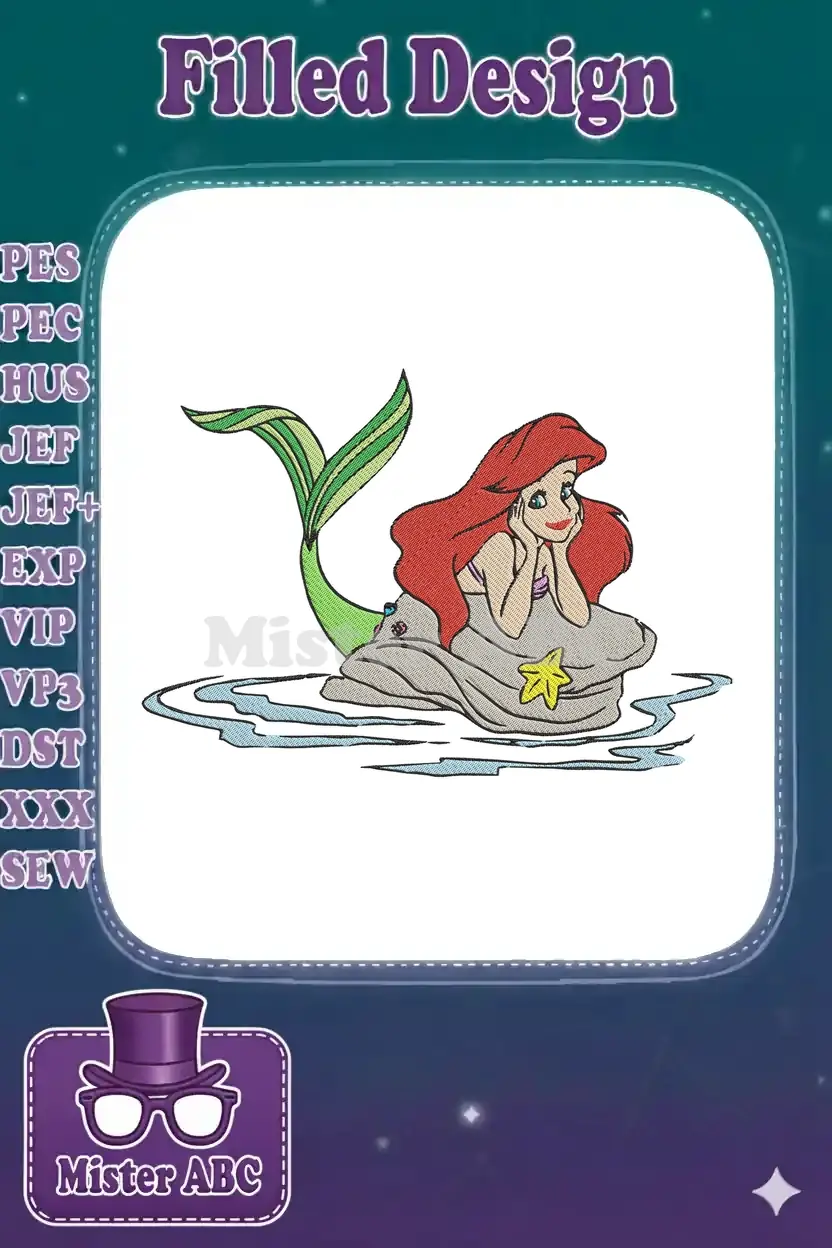 Vibrant embroidery design featuring Ariel from The Little Mermaid, sitting on a rock with her green tail.