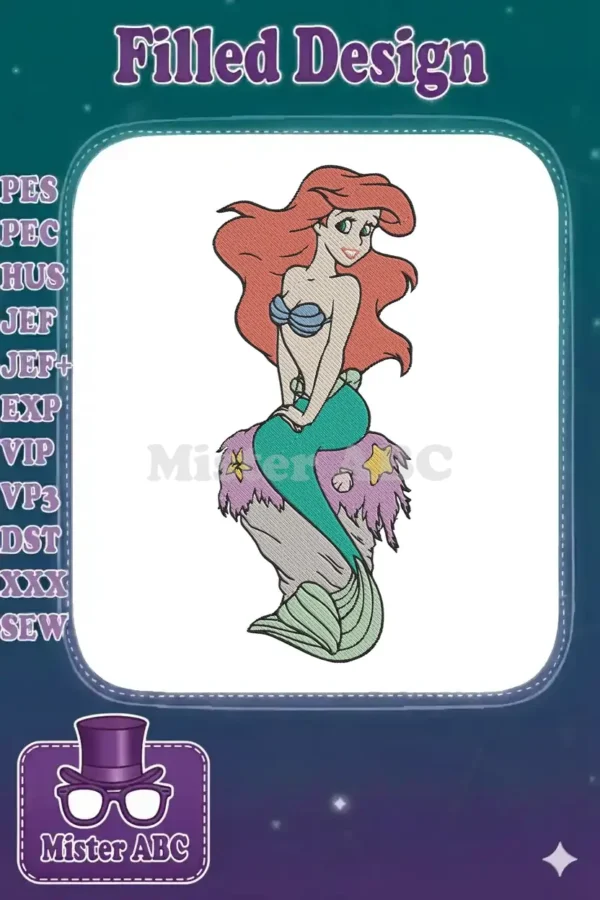 A vibrant embroidery design of Ariel from The Little Mermaid, featuring her iconic red hair and green tail.