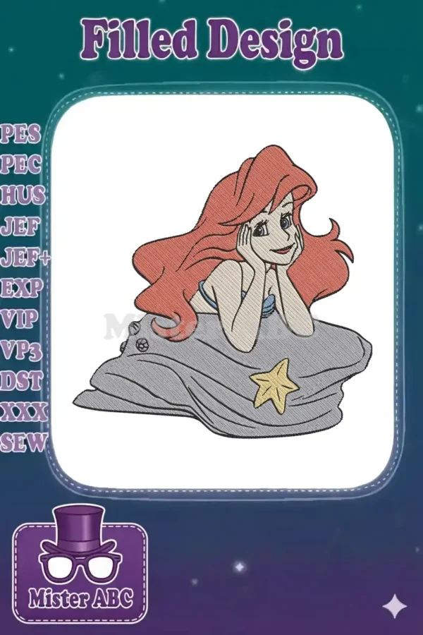 Detailed embroidery design of Ariel the mermaid, with flowing red hair, resting on a rock with a starfish.