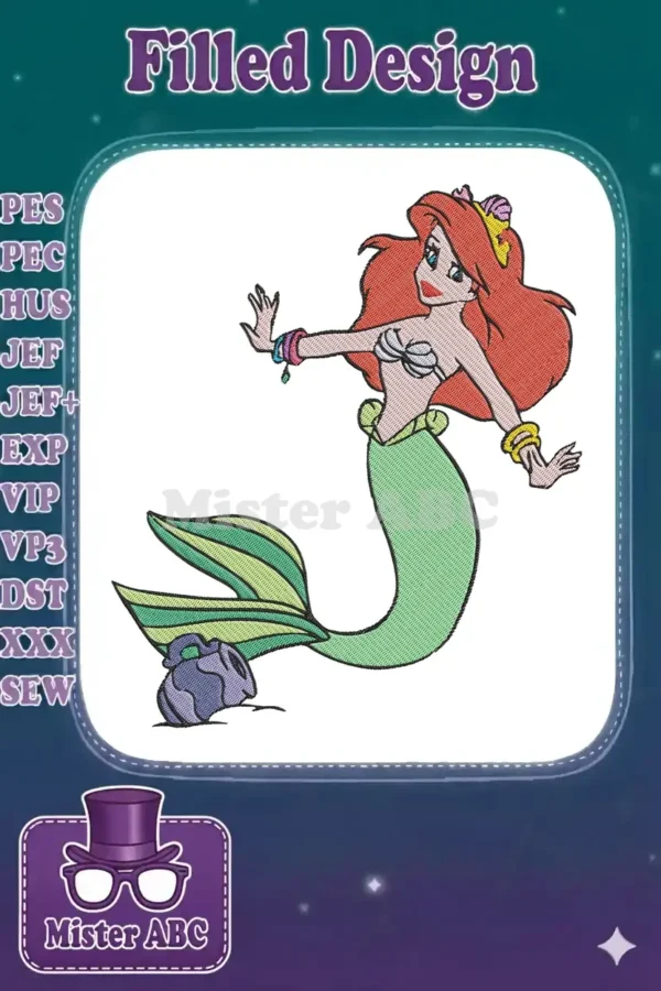 A vibrant embroidery design of Ariel the Little Mermaid, with flowing red hair, green tail, and shell top.