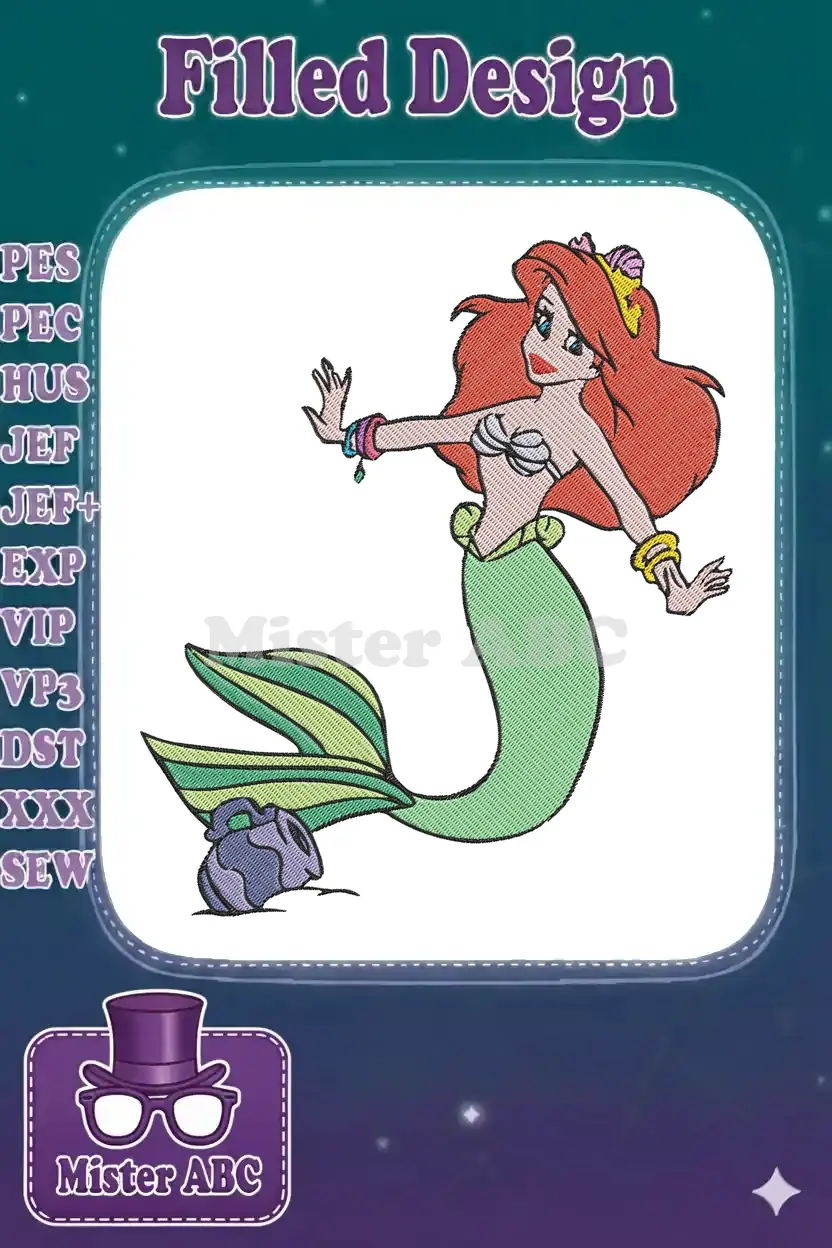 A vibrant embroidery design of Ariel the Little Mermaid, with flowing red hair, green tail, and shell top.