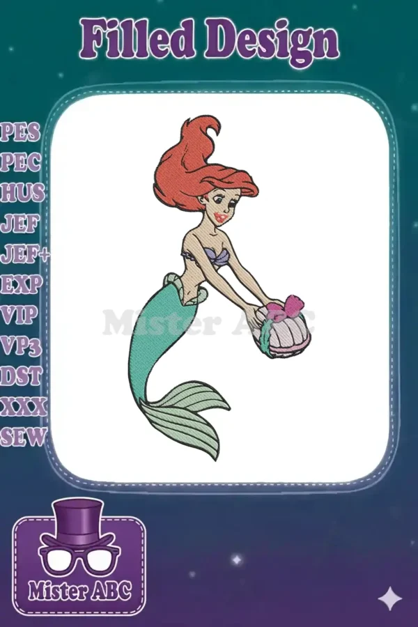 Vibrant embroidery design of Ariel, the Little Mermaid, with flowing red hair, holding a shell basket.