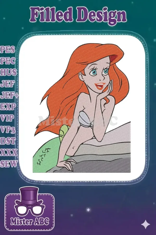 A vibrant embroidery of Disney's Ariel, the Little Mermaid, in a classic pose with flowing red hair and a cheerful expression.