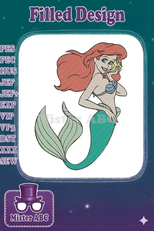 A vibrant digital embroidery design of Ariel the Little Mermaid with red hair, green tail, holding a seashell.