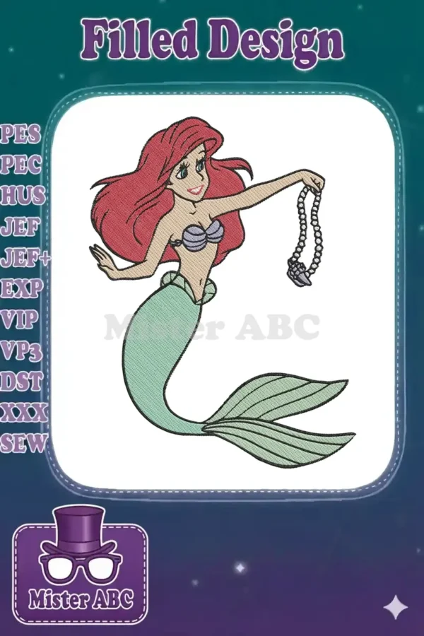 Ariel the Little Mermaid embroidery design, featuring her iconic red hair, lavender top, and green tail, holding a pearl necklace.