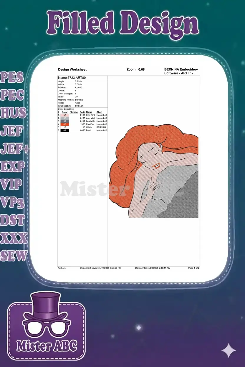 Embroidery design worksheet detailing stitch count, dimensions, color sequence, and thread codes for the mermaid.