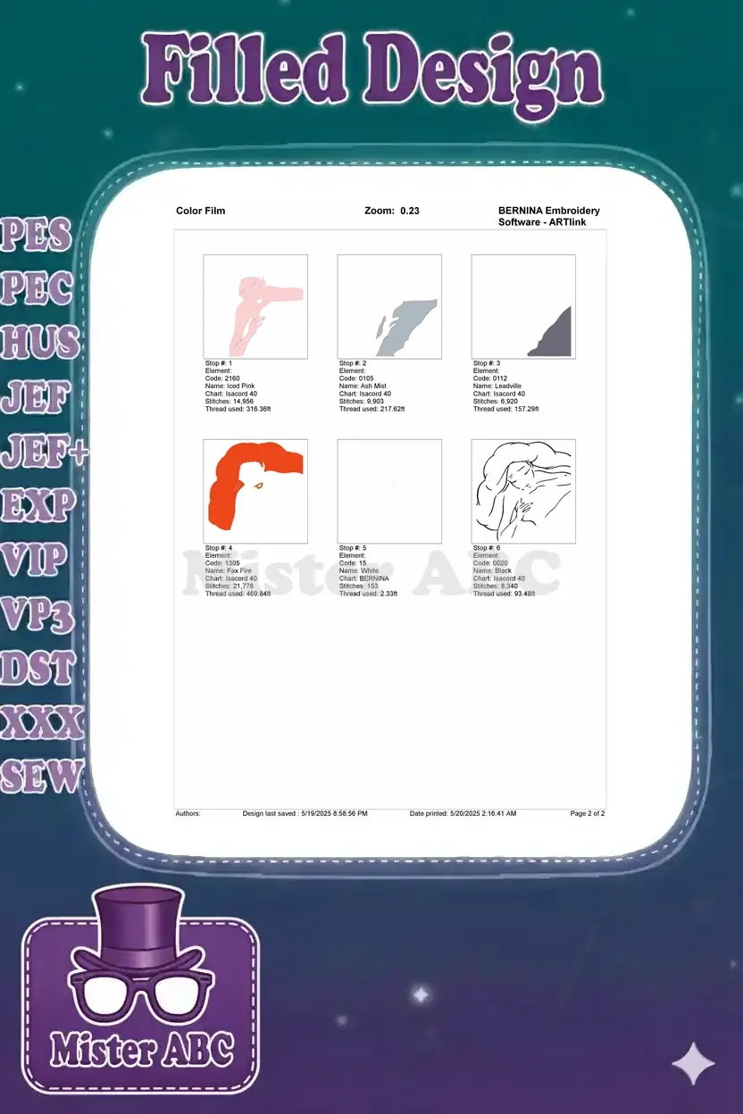 Color film breakdown showing individual stitch elements and thread usage for the red-haired mermaid design.