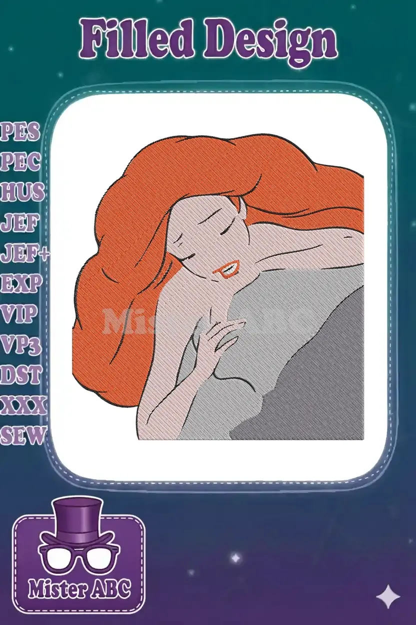Close-up of a vibrant embroidery design depicting a red-haired mermaid, evoking a serene and dreamy expression.
