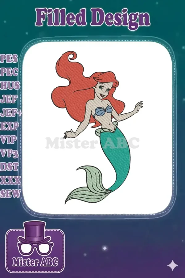 A beautiful, colorful embroidery design of Princess Ariel from The Little Mermaid, ready for stitching.