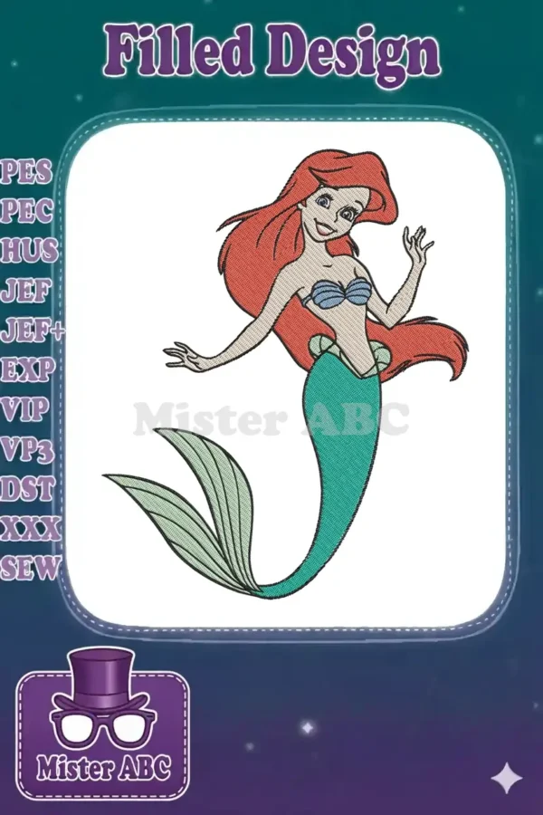 A vibrant embroidery design of Ariel, the Little Mermaid, with flowing red hair, a blue shell top, and a teal tail, smiling.