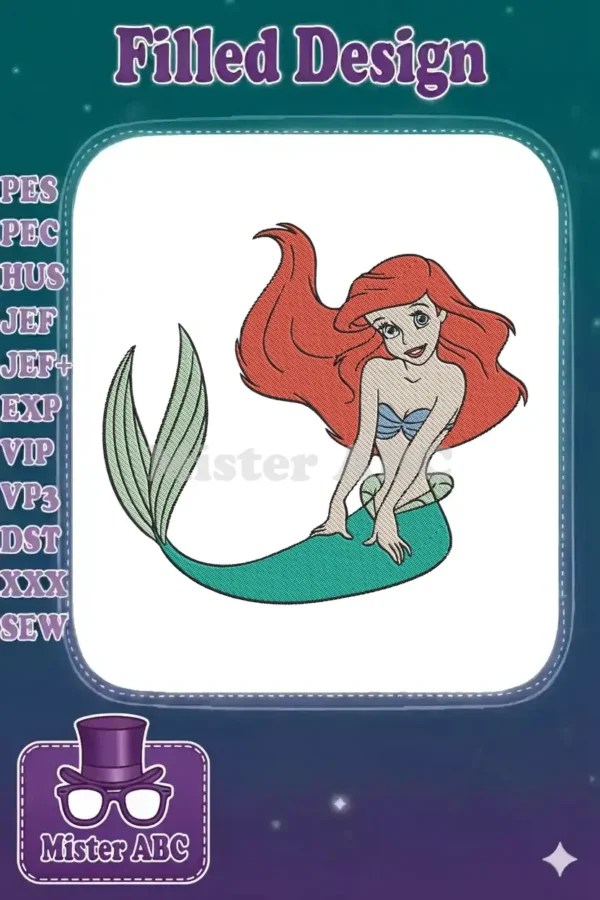 Full-color embroidery design of Ariel the Little Mermaid, featuring her red hair, purple top, and green tail.