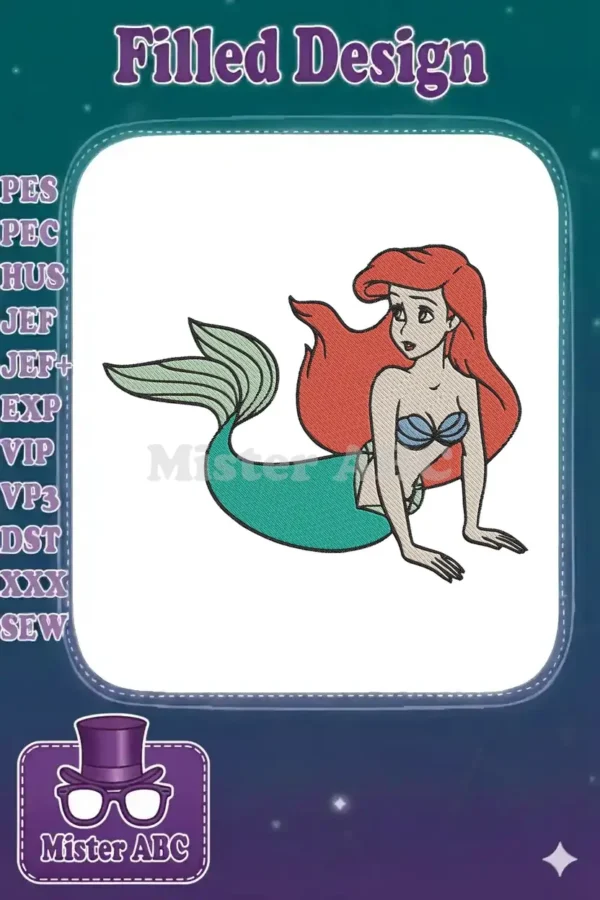 Embroidery design of Ariel from The Little Mermaid, with flowing red hair and a shimmering green tail.