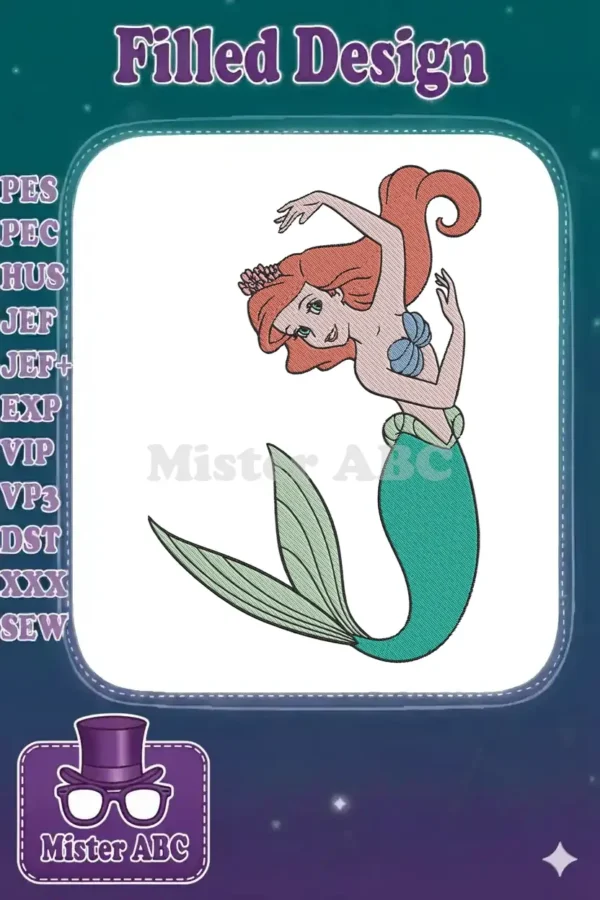 A vibrant embroidery design of Ariel, the Little Mermaid, in a dynamic pose with flowing red hair and a green tail.