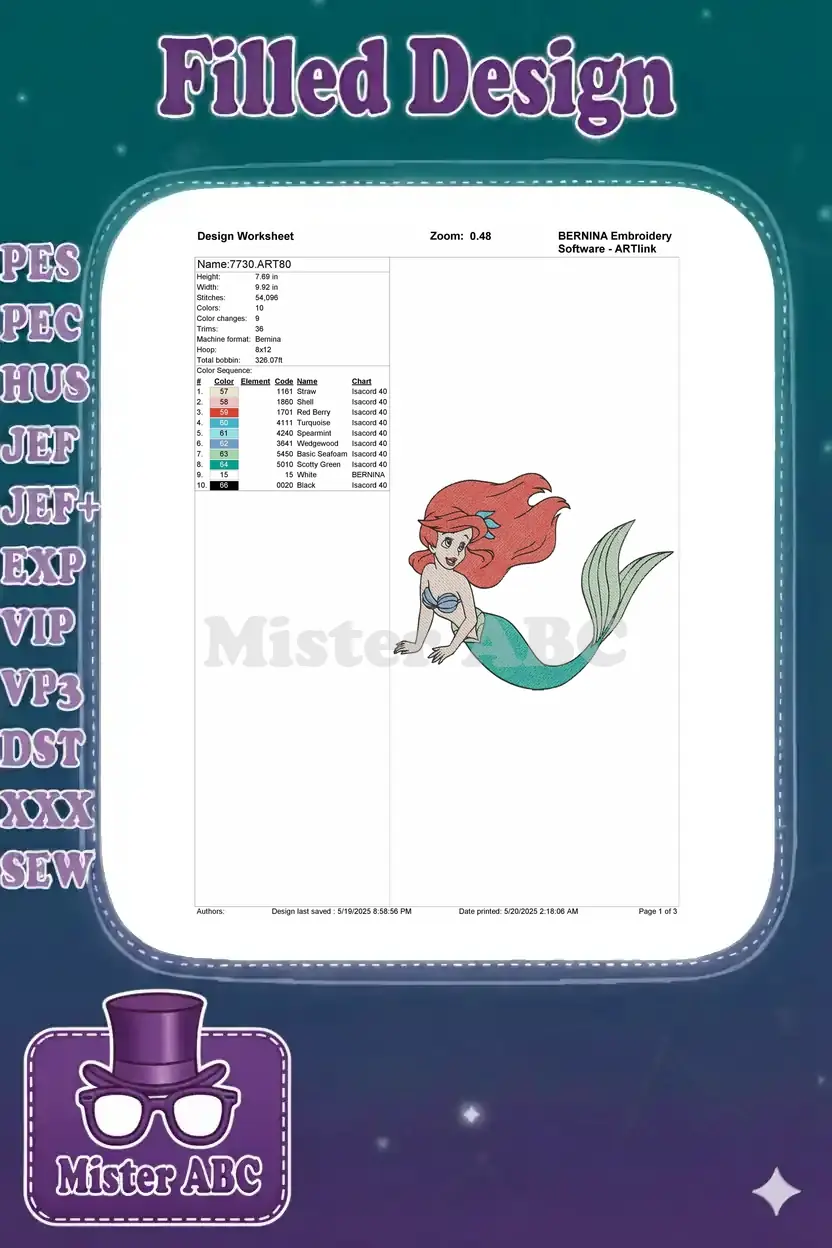 A detailed embroidery design worksheet for Ariel, showing dimensions, stitch count, colors, and thread codes.