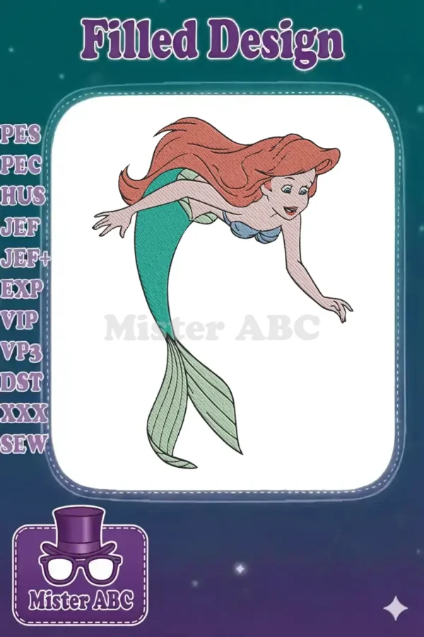 A vibrant machine embroidery design of Ariel, the Little Mermaid, gracefully swimming, featuring her iconic red hair and green tail.