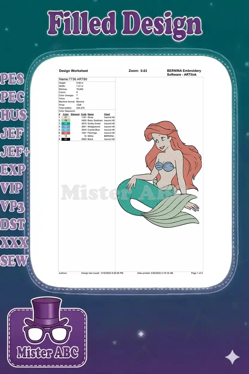 A detailed embroidery design worksheet for Ariel, showing dimensions, stitch count, colors, and machine info.