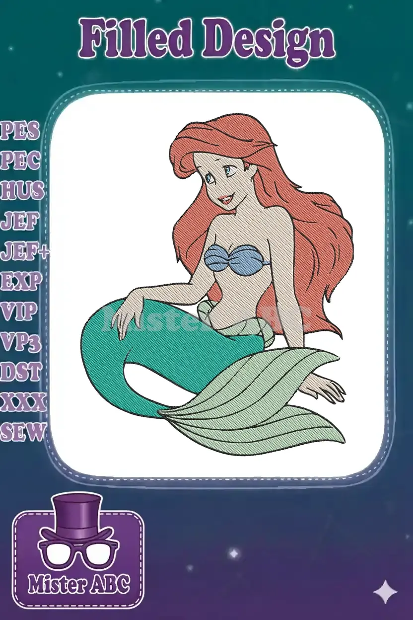 A vibrant embroidery design featuring Ariel the Little Mermaid, elegantly sitting with her red hair flowing.