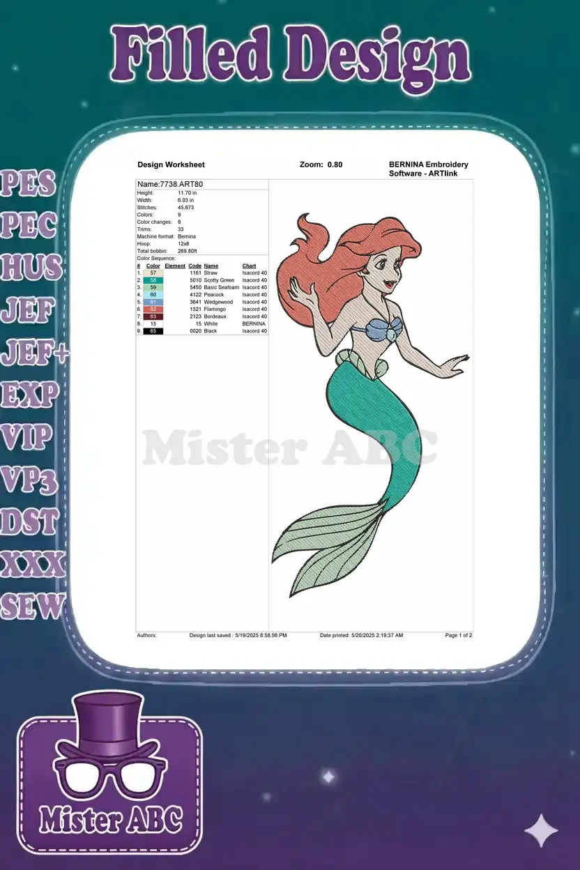 Embroidery design worksheet for Ariel, detailing dimensions, stitch count, color changes, and thread chart for BERNINA.