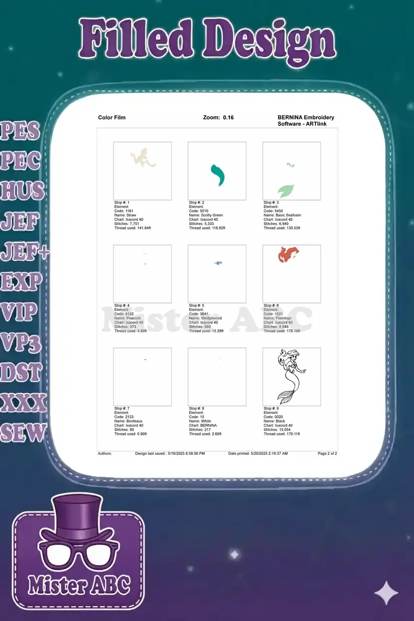 Color film breakdown for Ariel embroidery, showing individual stitch stops and thread usage for each color element.