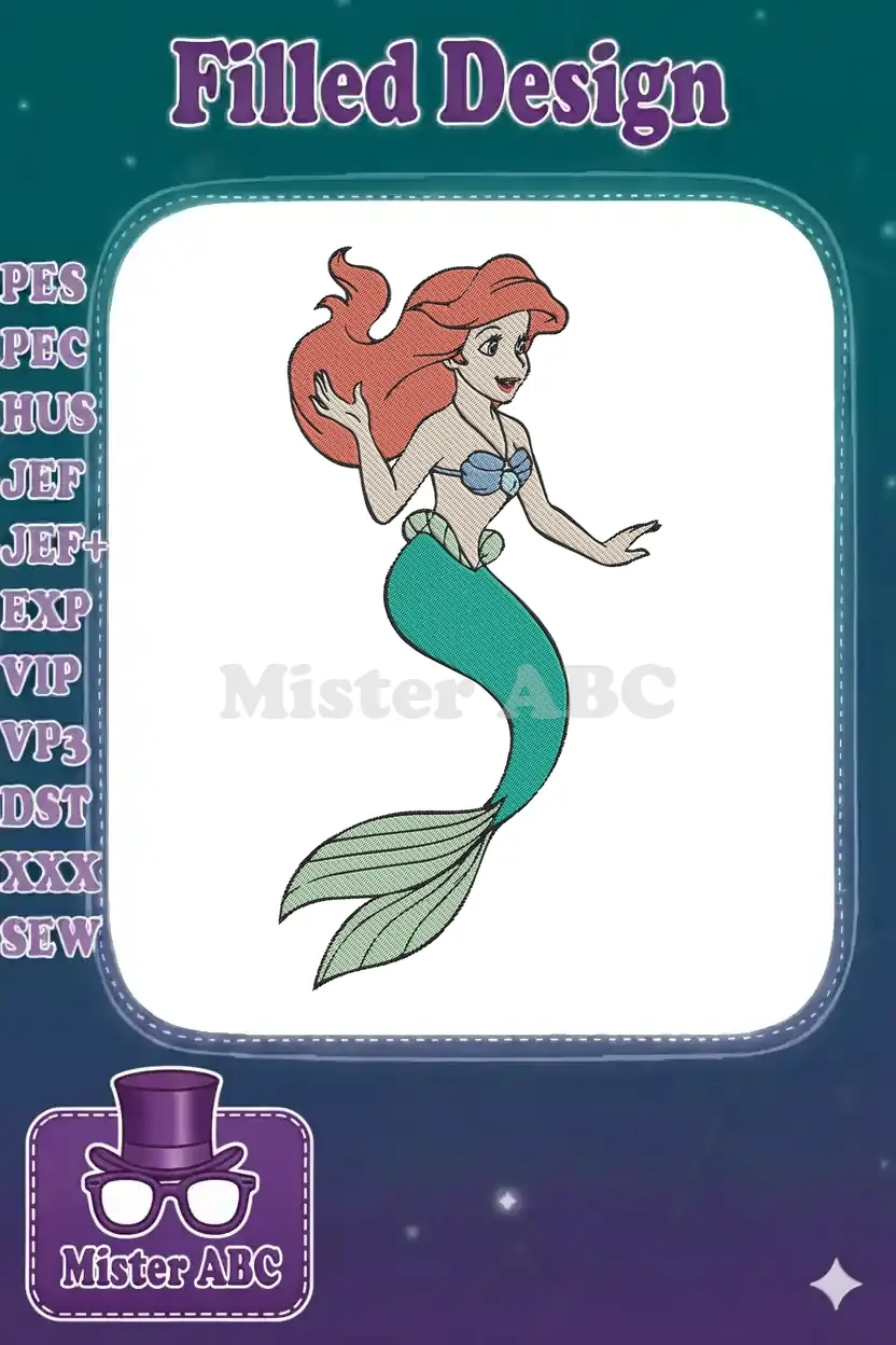Full-color embroidery design of Disney's Ariel, the Little Mermaid, with flowing red hair, a blue shell top, and a green tail, ready to charm.