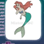 Shy Ariel mermaid princess embroidery designs with flowing red hair - Instant Download
