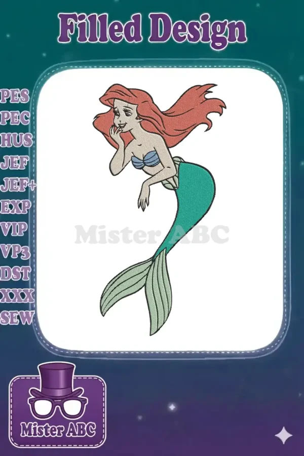 A vibrant machine embroidery design featuring Ariel the mermaid with flowing red hair and a teal tail, in a charming pose.