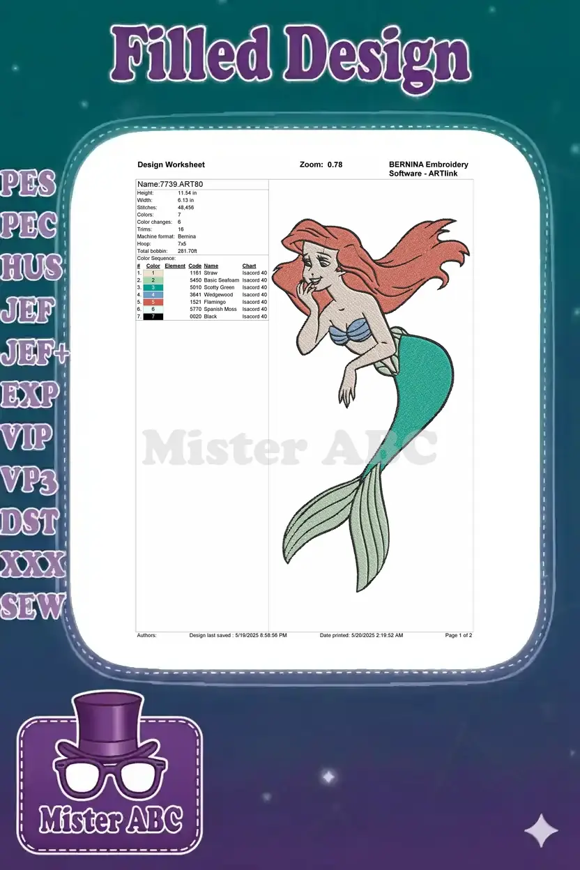 A detailed embroidery design worksheet for Ariel, showing dimensions, stitch count, thread colors, and machine info.