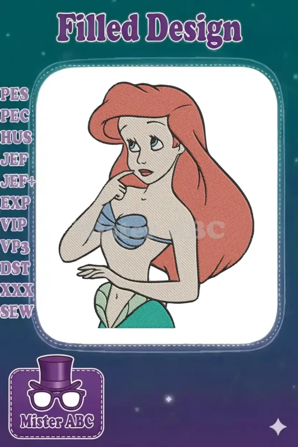 A vibrant embroidery design of Ariel from The Little Mermaid, featuring her iconic red hair and thoughtful expression.