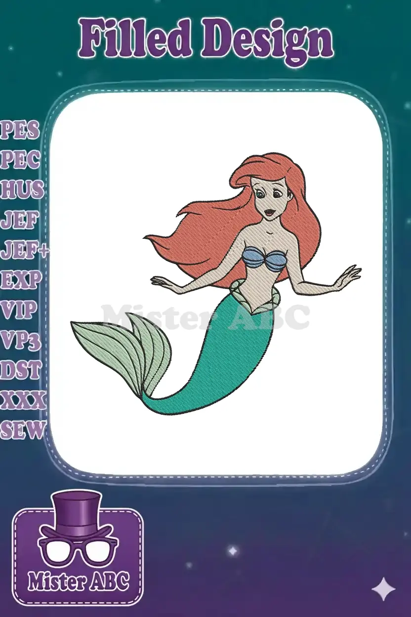 Vibrant Ariel embroidery design featuring the iconic red-haired mermaid with a green tail and blue top, ready to stitch.