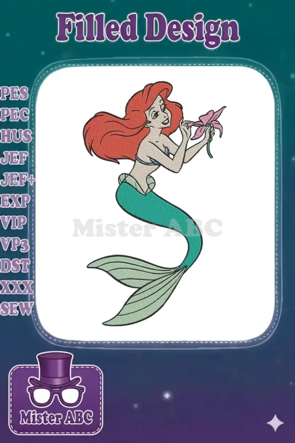 Ariel, Disney's beloved mermaid, in an embroidery design, holding a pink flower with her iconic red hair.