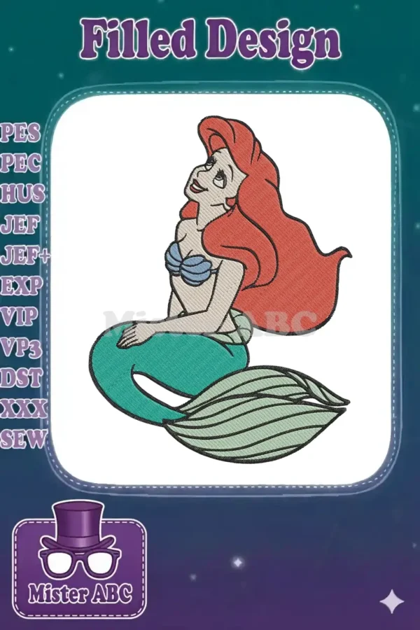 Vibrant embroidery design of Disney's Ariel, the Little Mermaid, sitting gracefully and looking upwards with a joyful expression. Features rich red hair, a blue shell top, and a flowing teal and green tail.