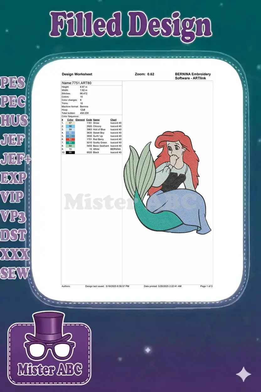 BERNINA Design Worksheet for Ariel embroidery, detailing dimensions, stitch count, and 10 color sequence.